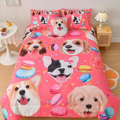 DORCAS Pink Girls Bedding Sets Full with Comforter and Sheets Cute Dog Comforter Set Full Girls,6 Pieces Animal Bedding Sets Full with Sheets for Kids