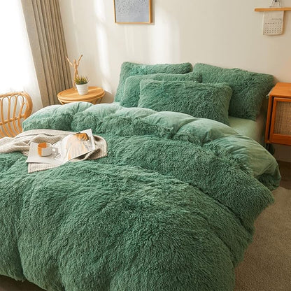 FOPPA Green Plush Comforter Cover Set Queen - Ultra Soft Faux Fur Green Bedding Sets 3 Pieces (1 Fluffy Duvet Cover + 2 Shaggy Pillow case) Fluffy Bed Set (Green, Queen)