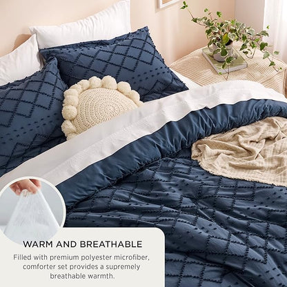 Bedsure Queen Comforter Set - Navy Blue Comforter, Boho Tufted Shabby Chic Bedding Comforter Set, 3 Pieces Vintage Farmhouse Bed Set for All Seasons, Fluffy Soft Bedding Set with 2 Pillow Shams
