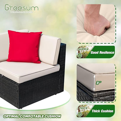 Greesum 3 Piece Patio Conversation Set Wicker Rattan Furniture Outdoor Sofa with Cushions,Pillows and Glass Table for Porch,Lawn and Yard, Beige