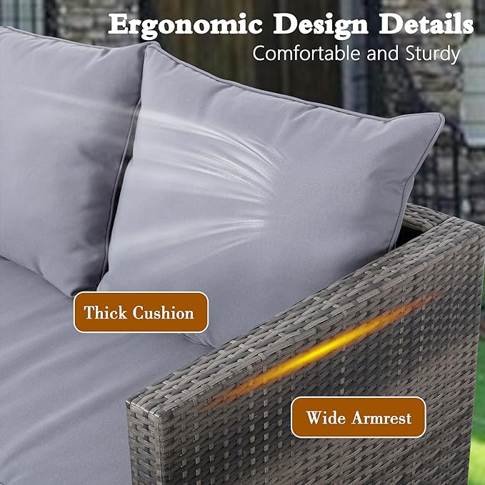 Shintenchi Patio Furniture 4 Pieces Wicker Patio Furniture Sets,Outdoor Wicker Conversation Set Rattan Sectional Sofa with Cushions&Coffee Table for Backyard Porch Garden Poolside Balcony,Gray