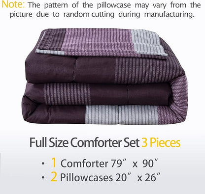 Andency Stripe Comforter Set Full Size (79x90 Inch), 3 Pieces Purple and Gray Patchwork Striped Comforter, Soft Microfiber Down Alternative Comforter Bedding Set with Corner Loops