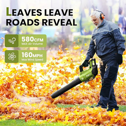 Leaf Blower Cordless, 580CFM/160MPH & 3 Speed Levels, Electric Cordless Leaf Blower with 2 * 4.0Ah Battery Powered, Blowers for Lawn Care, Blower with Extension Nozzle