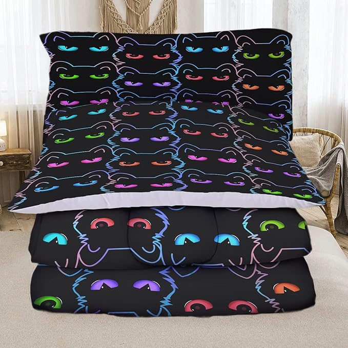 Sunnycitron Cartoon Cat Bedding Full size Black Cat Comforter Gradient Line Bedding set 3D Neon Cat Comforter Cute Cat Bed Set Black Cat Quilt set for Teens Kids Boys Girls Adults