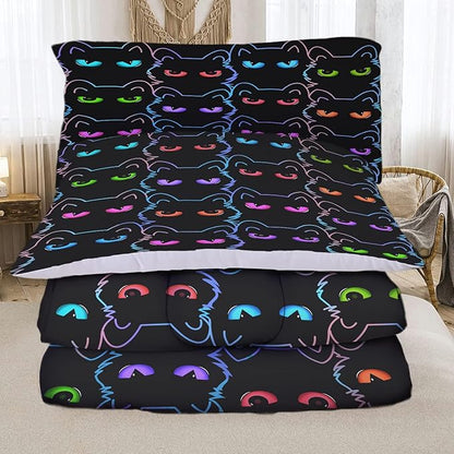 Sunnycitron Cartoon Cat Bedding Cute Cat Comforter Twin Black Cat Comforter set Gradient Line Cat Quilt 3D Neon Cat Bed set Black Cat Bedding set for Teens Kids Boys Girls Adults