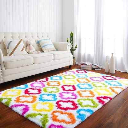 Tepook Fluffy Colorful Rug for Kids, Shaggy Soft Rainbow Area Rugs for Girls Bedroom, Indoor Modern Geometric Moroccan Rugs Plush Girls Kids Rug for Playroom Teens Room Nursery Home Decor, 3 X 5 ft