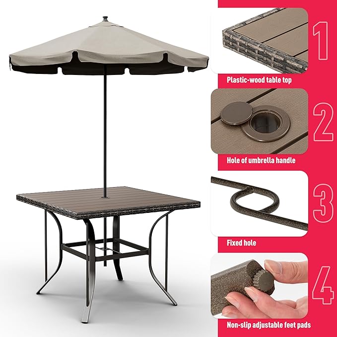 Pamapic Patio Table and Chairs Set, All-Weather Rattan Outdoor Table and Chairs with Removable Waterproof Cushions, Plastic-Wood Patio Dining Set for 4 with Umbrella Hole(Gray)