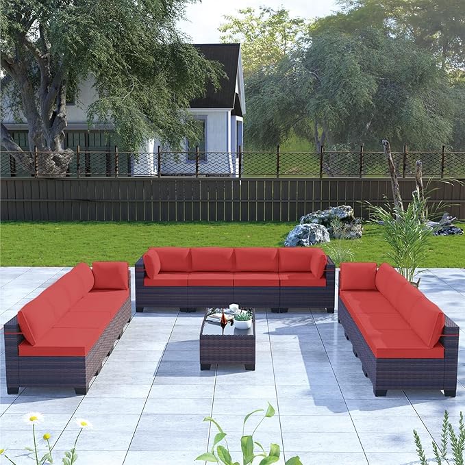 Kullavik 14PCS Outdoor Patio Furniture Set PE Wicker Rattan Sectional Sofa Patio Conversation Sets,Red