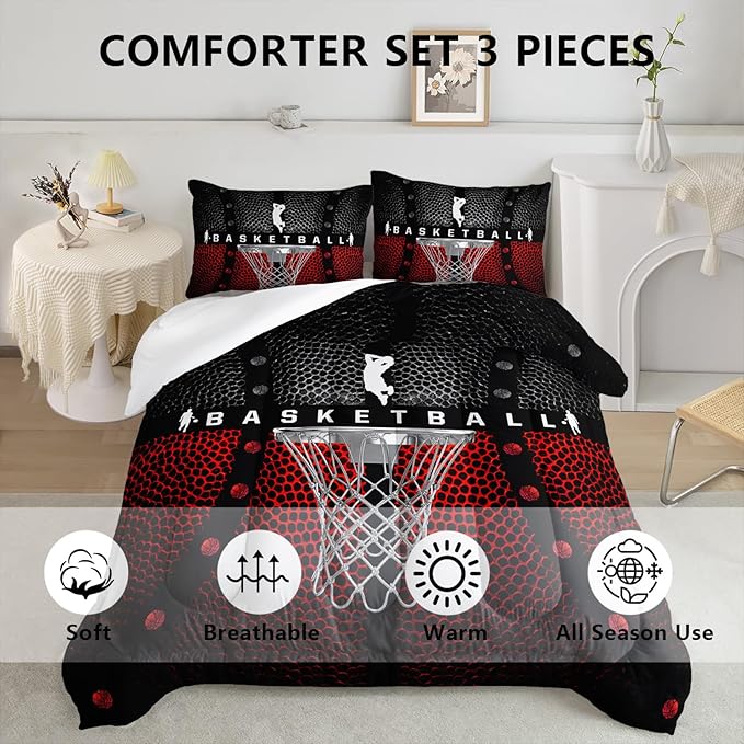 Axolotl Basketball Bedding Set for Boys Kids Teens,Soft Microfiber Black and Red Sports Theme Basketball Bedding Sets Full Size with 1 Comforter and 2 Pillowcases All Season