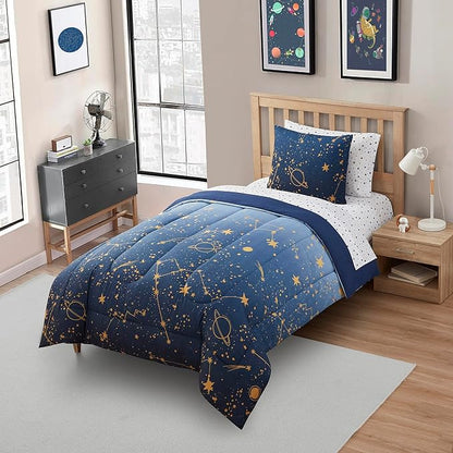 Kids Bedding Set Bed in a Bag for Boys and Girls Toddlers Printed Sheet Set and Comforter, Twin, Galaxy