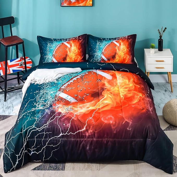 Ondency Football Comforter Set Full (79x90 Inch), 3 Pieces(1 Football Comforter, 2 Pillowcases) 3D Sport Microfiber Football Comforter Set Bedding Set for Boys Kids