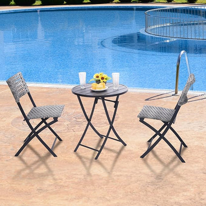 BACKYARD EXPRESSIONS PATIO · HOME · GARDEN 3 Pc 3 Piece Folding Outdoor Bistro, Wicker Furniture Table and Chairs for Garden, Backyard, Porch, Patio Conversation Set, Grey/Black