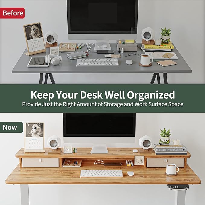 FEZIBO 55 x 24 Inch Height Adjustable Electric Standing Desk with Double Drawer, Stand Up Desk with Storage Shelf, Sit Stand Desk, Light Rustic