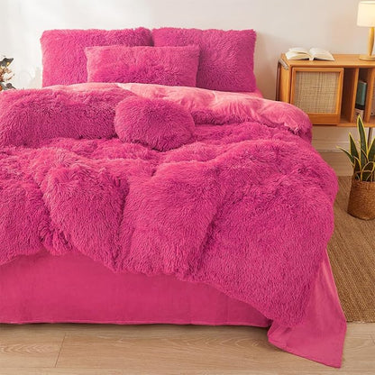 FOPPA Hot pink fluffy Comforter Cover Set king- Ultra Soft fluffy hot pink Bedding Sets 3 Pieces (1 Duvet Cover + 2 Pillow case) hot pink fluffy bed set (Hot pink, King)
