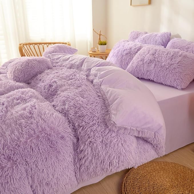 FOPPA Lilac fluffy Comforter Cover Set king- Ultra Soft fluffy lilac Bedding Sets 3 Pieces (1 Duvet Cover + 2 Pillow case) pink fluffy bed set (Lilac, King)