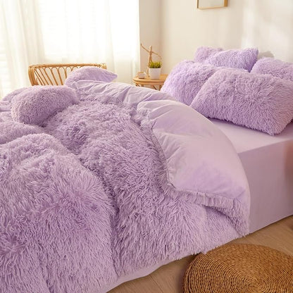 FOPPA Lilac fluffy Comforter Cover Set king- Ultra Soft fluffy lilac Bedding Sets 3 Pieces (1 Duvet Cover + 2 Pillow case) pink fluffy bed set (Lilac, King)
