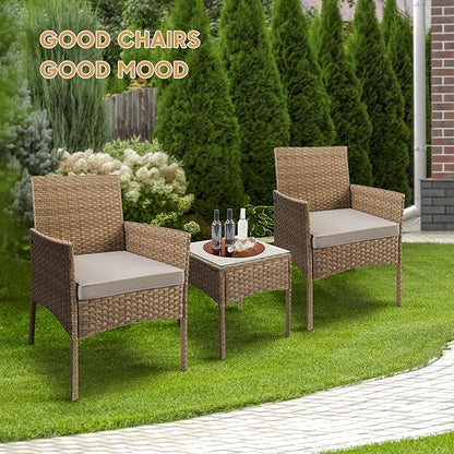 YIYAN 3 Pieces Patio Bistro Set Outdoor Wicker Furniture Outdoor Porch PE Rattan Wicker Chairs Furniture Sets with Sofa Chairs,Glass Coffee Table and Gray Washable Cushion