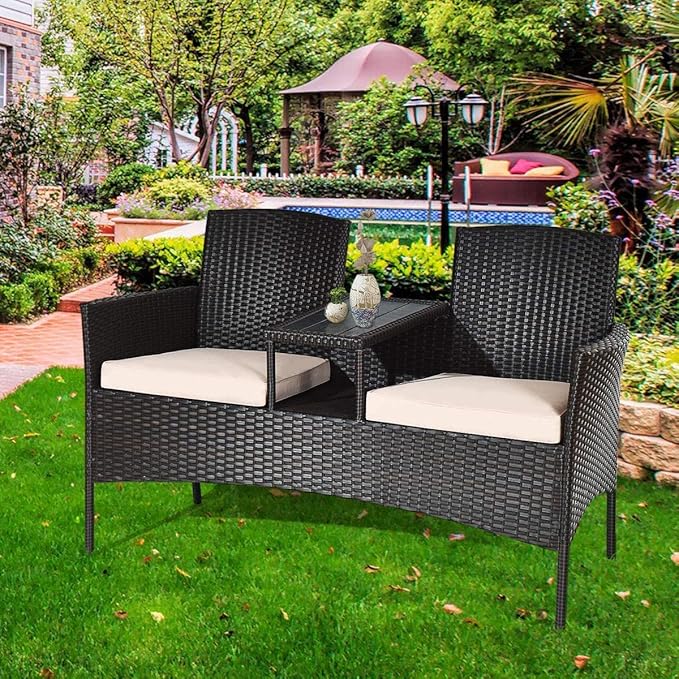 LUARANE Outdoor Rattan Sofas, Contract Patio Conversation Set Wicker Sofa Set with Built-in Coffee Table, Patio Furniture Set with Cushions, Rattan Loveseat for Lawn Backyard Garden (Brown+Beige)