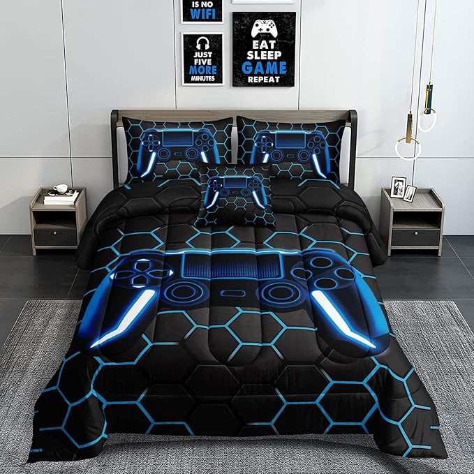 6 Pieces Gaming Bedding Set for Boys Gamer Comforter Set Full Size,Game Controller Comforter for Boys Kids Teen 3D Gamepad Microfiber Bedding Sets 6 Pieces Bed in A Bag Sets-H50022,Full