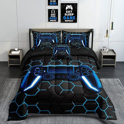 6 Pieces Gaming Bedding Set for Boys Gamer Comforter Set Full Size,Game Controller Comforter for Boys Kids Teen 3D Gamepad Microfiber Bedding Sets 6 Pieces Bed in A Bag Sets-H50022,Full