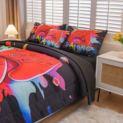 Aimuan Gamer Gaming Bedding Sets 3D Gamepad Comforter Sets for Boys Games Console Action Buttons Novelty Colorful Game Controller Modern Room Decor Home Quilt Set (Black, Twin 6PCS)