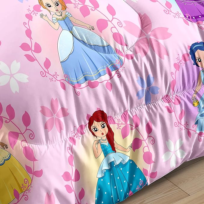 Princess Comforter Sets Twin for Girls, Cute Princess Bedding Comforter Sets, Pink Twin Size Comforter Set for Girls Kids Twin Bedding Set with 1 Pillowcase