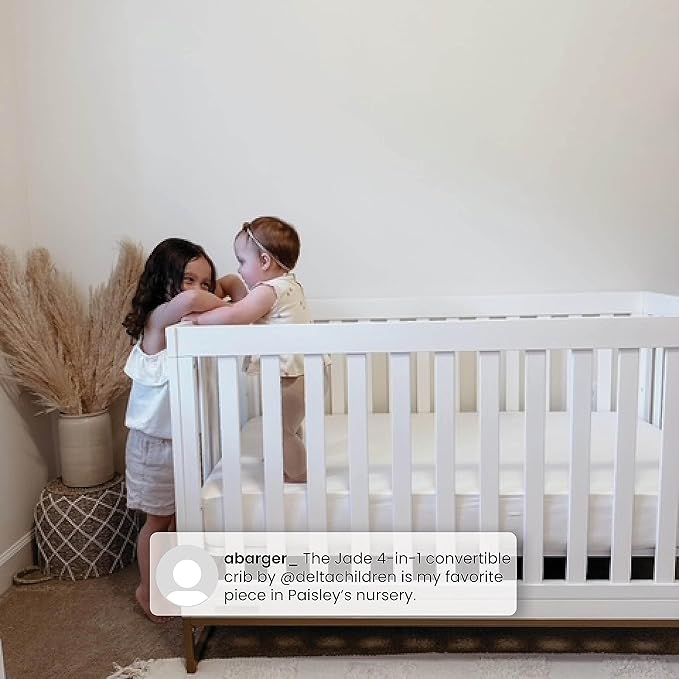 Delta Children Jade 4-in-1 Convertible Crib - Greenguard Gold Certified, Bianca White/Bronze