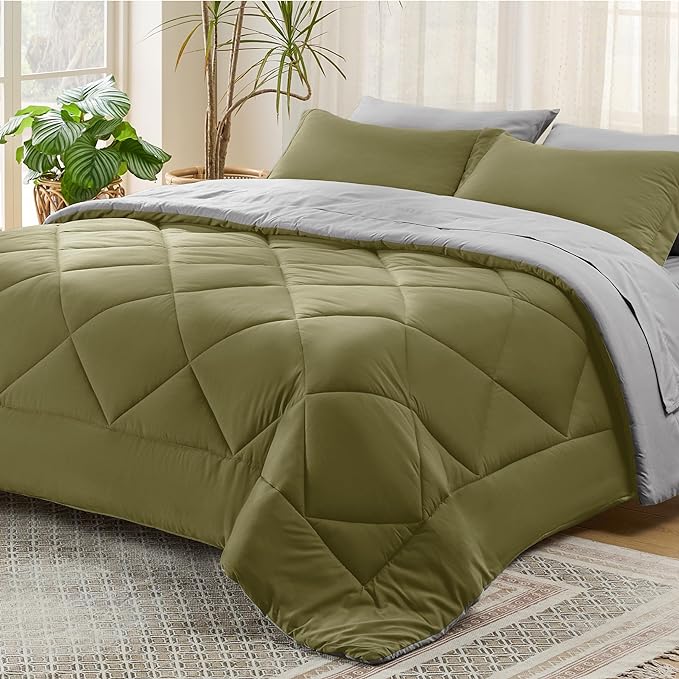 Bedsure Olive Green Full Size Comforter Set - 7 Pieces Reversible Full Bed in a Bag Full Bed Set with Comforters, Sheets, Pillowcases & Shams, Full Bedding Sets