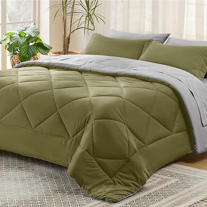Bedsure Olive Green Full Size Comforter Set - 7 Pieces Reversible Full Bed in a Bag Full Bed Set with Comforters, Sheets, Pillowcases & Shams, Full Bedding Sets