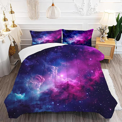 Galaxy Comforter Sets Queen Size Purple Outer Space Bedding Set for Teen Girls Boys Kids Children Bedroom Dorm Quilt 1 Comforter + 2 Pillow Cases