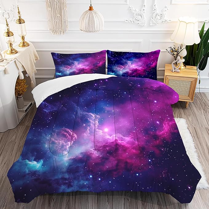 Galaxy Bedding Full Size Purple Outer Space Comforter Set for Girls Boys Kids Children Teen Bedroom Quilt 1 Comforter + 2 Pillow Cases