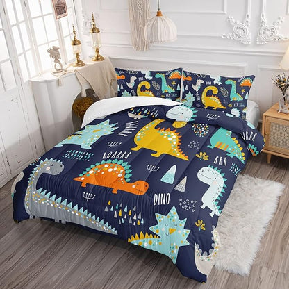 Datura home Bedding Comforter Set Kawaii Cartoon Dinosaur Printed Pattern with 1 and 2 Pillowcases for Boys Bedroom All Season(Cute Dinosaur Full) Full 80x90inches
