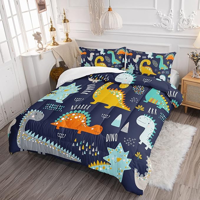 Datura home Bedding Comforter Set Kawaii Cartoon Dinosaur Printed Pattern Bedding Set with 1 Comforter and 2 Pillowcases for Boys Bedroom All Season(Cute Dinosaur Twin), Twin 68x86inches