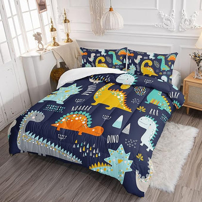 Datura home Bedding Comforter Set Kawaii Cartoon Dinosaur Printed Pattern Bedding Set with 1 Comforter and 2 Pillowcases for Boys Bedroom All Season(Cute Dinosaur Twin), Twin 68x86inches