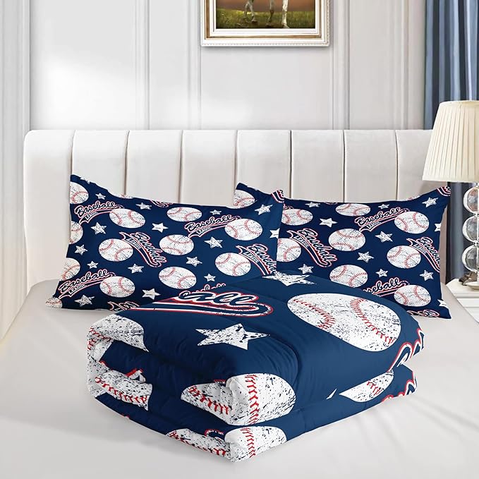 3D Baseballs Comforter Twin Size,Blue Baseball Kids Comforter Set,3Pcs Bedding Set Printed Comforter with 2 Pillowcases,Down Alternative,Soft and Lightweight,for All Seasons