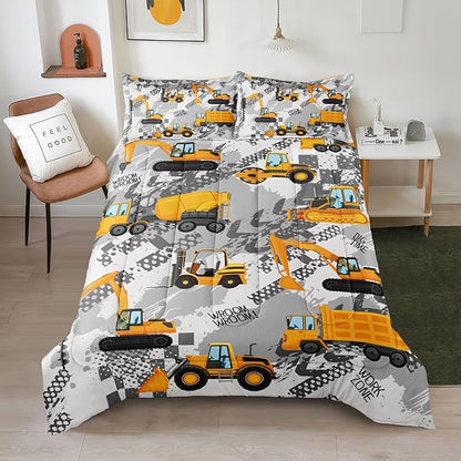 3-Pcs Construction Kids Bedding Set for Boys, Reversible Twin Truck Bed Comforter Set, Cartoon Excavator Car Printed Bedding Sets with Tire Marks