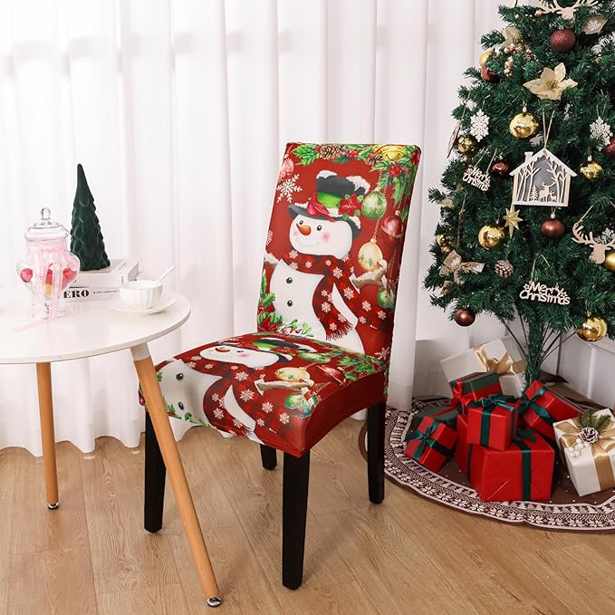 U'Artlines Christmas Chair Covers Set of 6, Removable Washable Merry Christmas Dining Chair Seat Covers Stretch Protector Slipcovers for Dining Room Kitchen Holiday Party Decor, Snowman