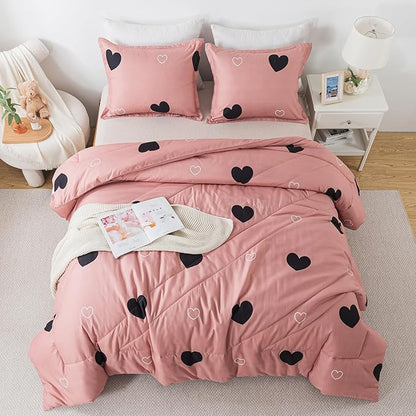 Love Pattern Cameo Brown Comforter Set Full Size, Pink Love Heart Sexy Comforter Bedding Set for All Seasons, Geometric Microfiber 3 Pieces Comforter Set with Pillowshams