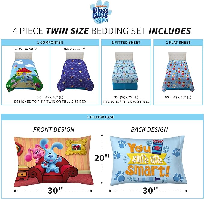 Franco Kids Bedding Super Soft Comforter and Sheet Set, 4 Piece Twin Size, Blues Clues