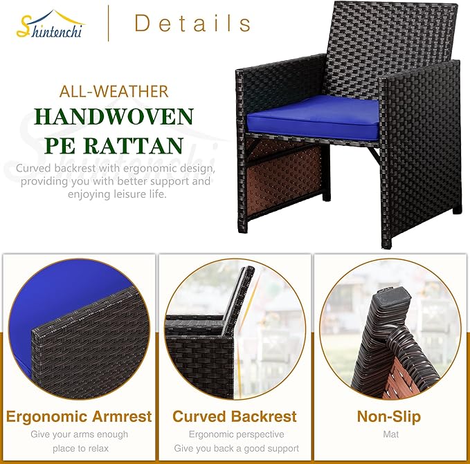 Shintenchi Wicker Patio Conversation Furniture Set with Detachable Chairs & Table and Two Removable Cushions,Rattan Wicker Lover Chair for Patio,Garden, Courtyard and Lawn Backyard (Deep Blue)