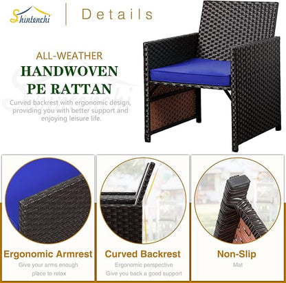 Shintenchi Wicker Patio Conversation Furniture Set with Detachable Chairs & Table and Two Removable Cushions,Rattan Wicker Lover Chair for Patio,Garden, Courtyard and Lawn Backyard (Deep Blue)