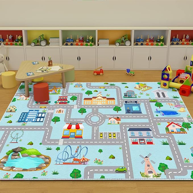 Kids Car Rug, 6x9 City Life Traffic Road Playmat for Toy Cars Trains, Non-Slip Race Track Carpet Educational Fun Area Rugs for Boy and Girl Bedroom Nursery