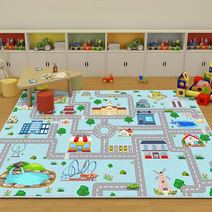 Kids Car Rug, 6x9 City Life Traffic Road Playmat for Toy Cars Trains, Non-Slip Race Track Carpet Educational Fun Area Rugs for Boy and Girl Bedroom Nursery