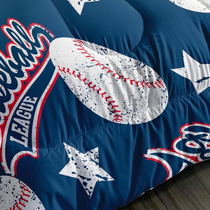 3D Baseballs Comforter Queen Size,Blue Baseball Kids Comforter Set,3Pcs Bedding Set Printed Comforter with 2 Pillowcases,Down Alternative,Soft and Lightweight,for All Seasons