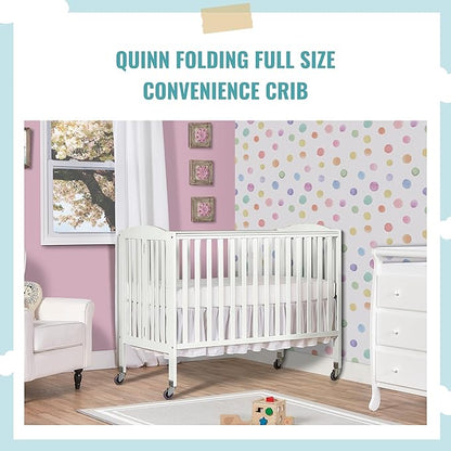 Folding Full Size Convenience Crib In White, Two Adjustable Mattress Height Positions, Comes With Heavy Duty Locking Wheels, Flat Folding Crib