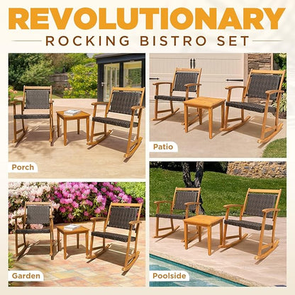 Solid Wood Chairs Set of 2 with End Table, Wicker Rocking Design