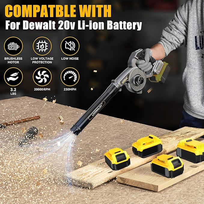 LIVOWALNY Lightweight Battery Leaf Blower: Cordless Battery Operated Blower for Dewalt 20v Battery - Electric Leaf Blowers & Vacuum 2-in-1 with 3 Speed Mode for Yard Driveway Patio Garage Sidewalk