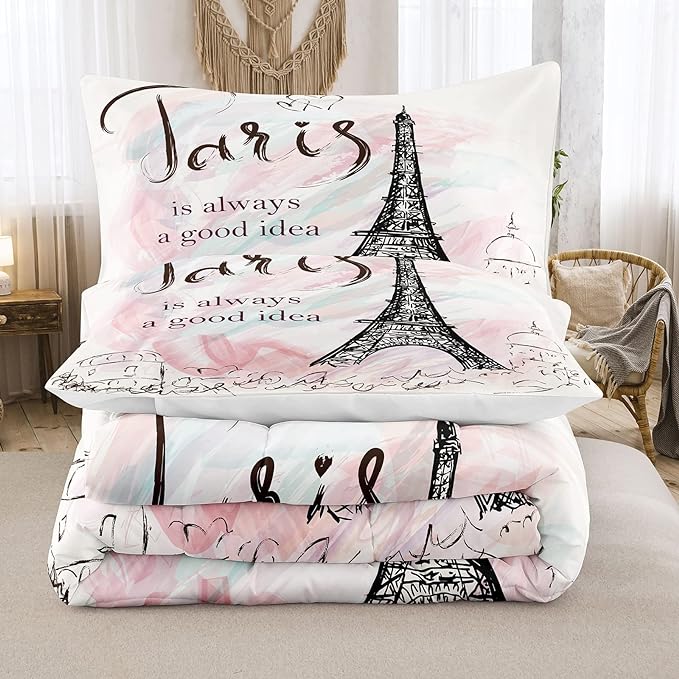 Bodhi Pink Comforter Set Twin,Paris Comforter Set for Girls,Cartoon Sketch Eiffel Tower Pink Bedding Set,Girls Pink Paris Bedding Set with Matching Pillowcase,Eiffel Tower Bedding Set