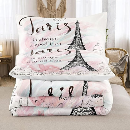 Bodhi Pink Comforter Set Twin,Paris Comforter Set for Girls,Cartoon Sketch Eiffel Tower Pink Bedding Set,Girls Pink Paris Bedding Set with Matching Pillowcase,Eiffel Tower Bedding Set