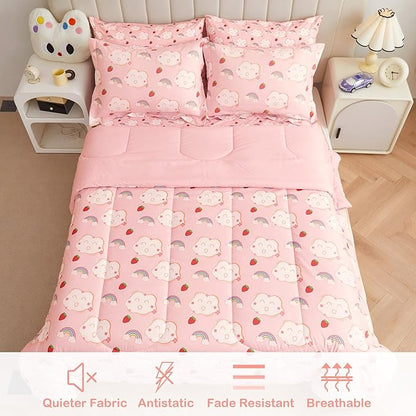 Mooreeke Bed in a Bag for Kids Girls Teens, 7 Pieces Full Size Comforter Bed Set with Shams, Sheet Set, Rainbow Cloud Strawberry Pink Super Soft Microfiber Kids Comforter Bedding Set
